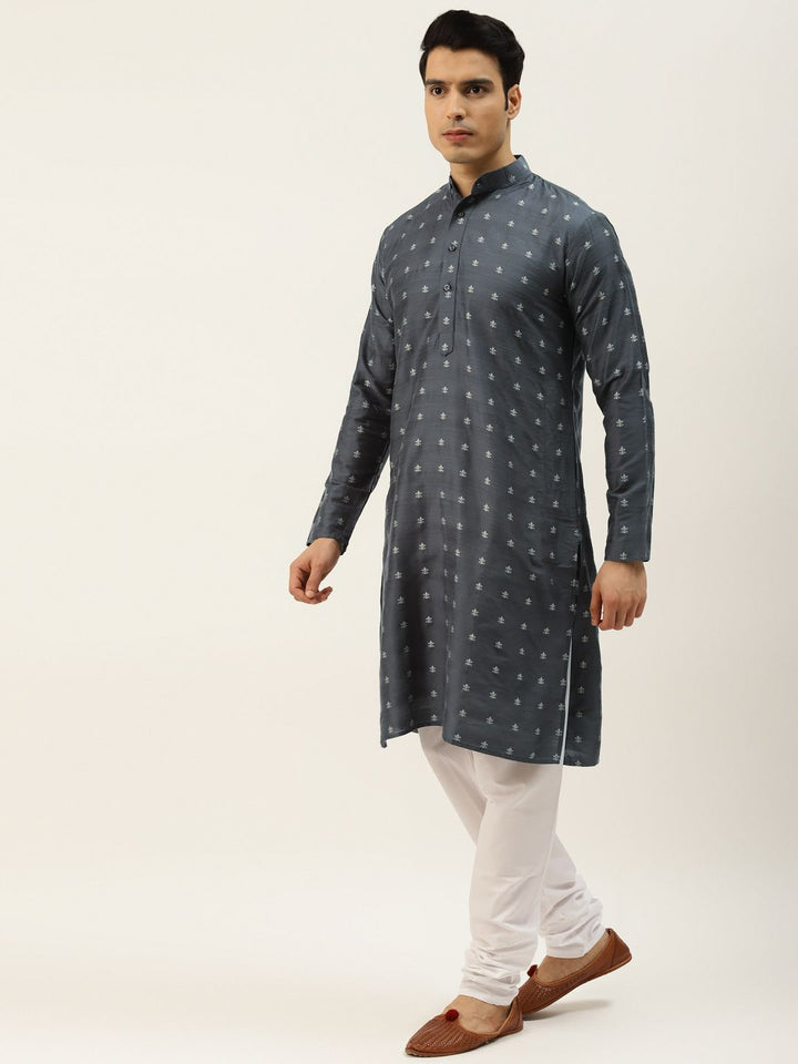 SOJANYA Men Charcoal Grey & Off-Whtie Ethnic Motifs Kurta with Churidar & Nehru Jacket