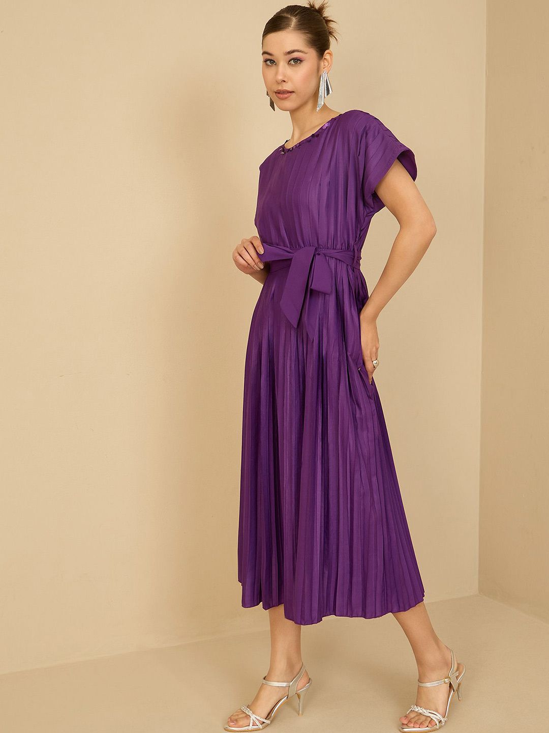 Antheaa Women Pleated Fit & Flare Midi Dress With Belt