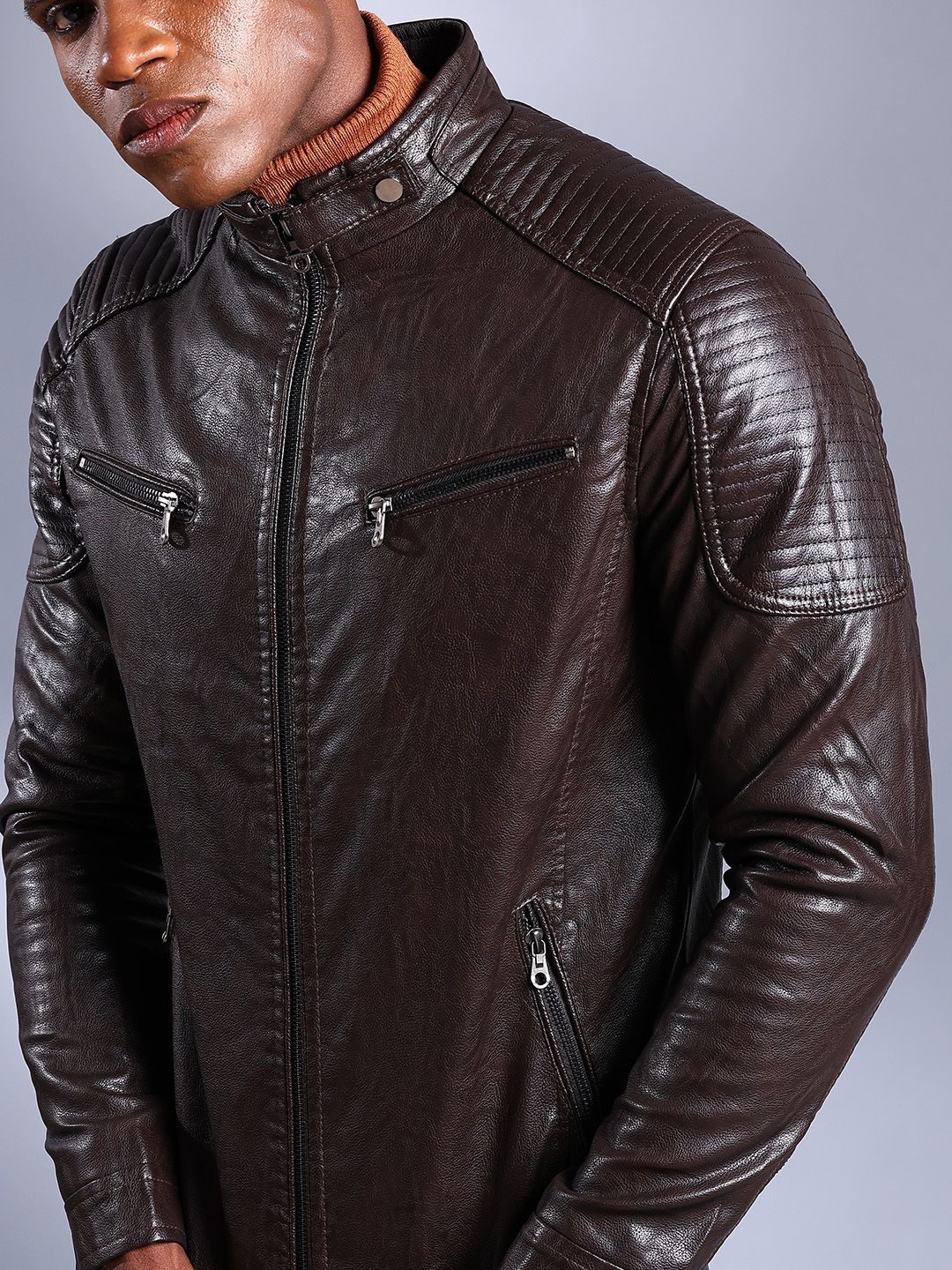 The Indian Garage Co Men Brown Solid Faux Biker Jacket