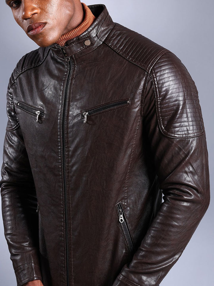 The Indian Garage Co Men Brown Solid Faux Biker Jacket