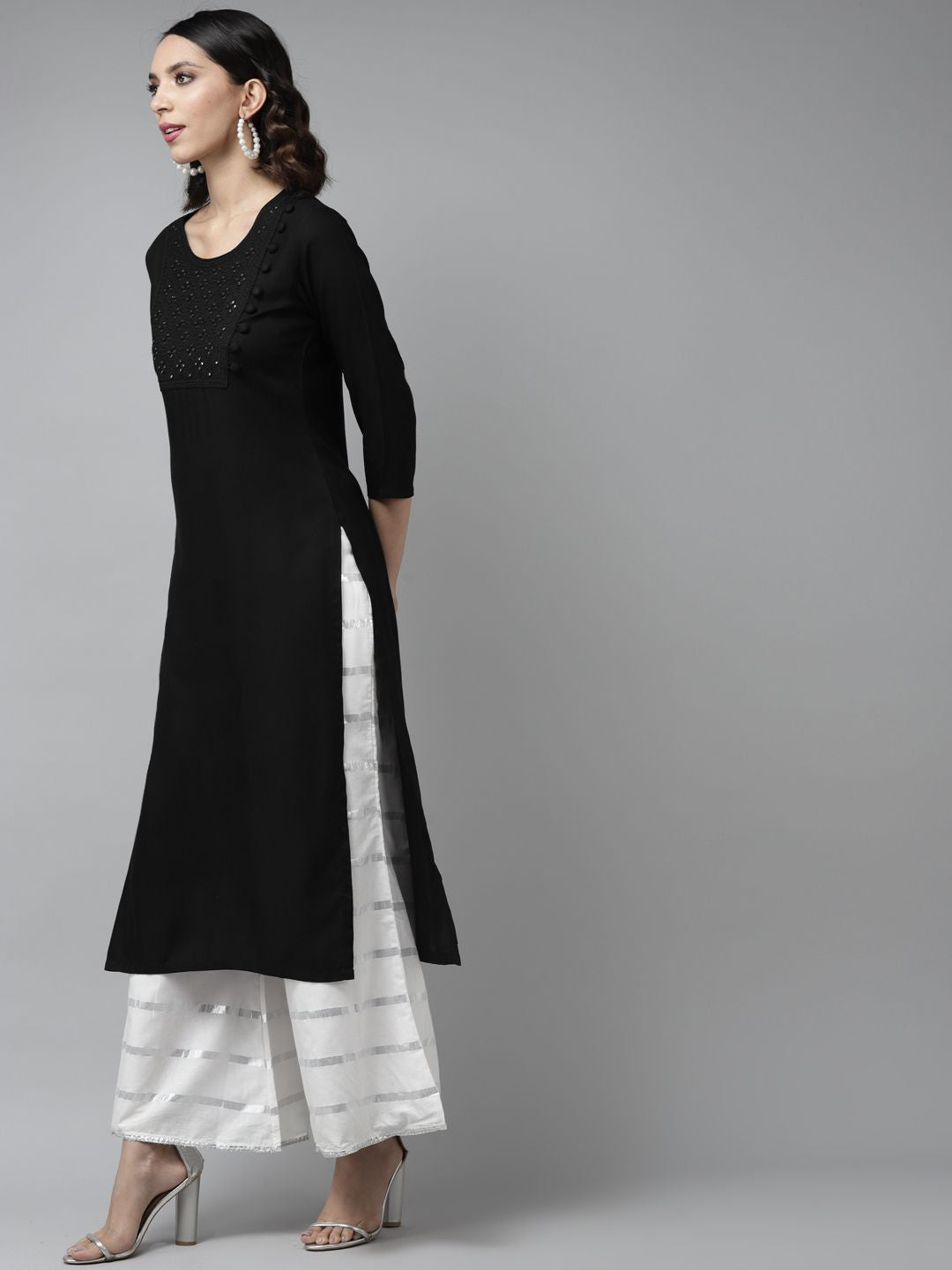 Libas Women Black Yoke Design Mirror Work Kurta