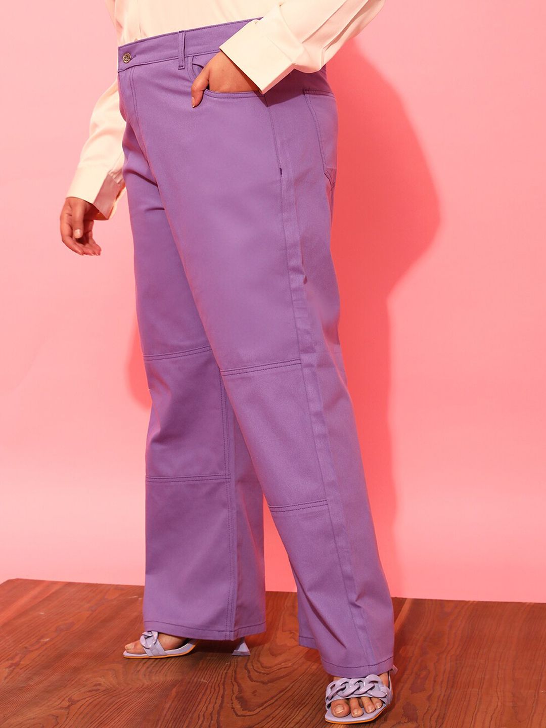 CURVY STREET Women Plus Size Lavender Printed Relaxed Straight Leg Pure Cotton Trousers
