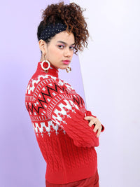 Tokyo Talkies Women Red & White Fair Isle Jacquard Pullover