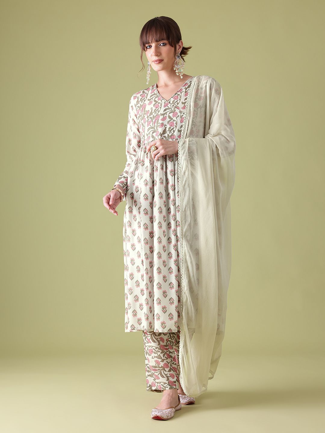 Anouk Women Floral Printed Angrakha Kurta with Trousers & Dupatta