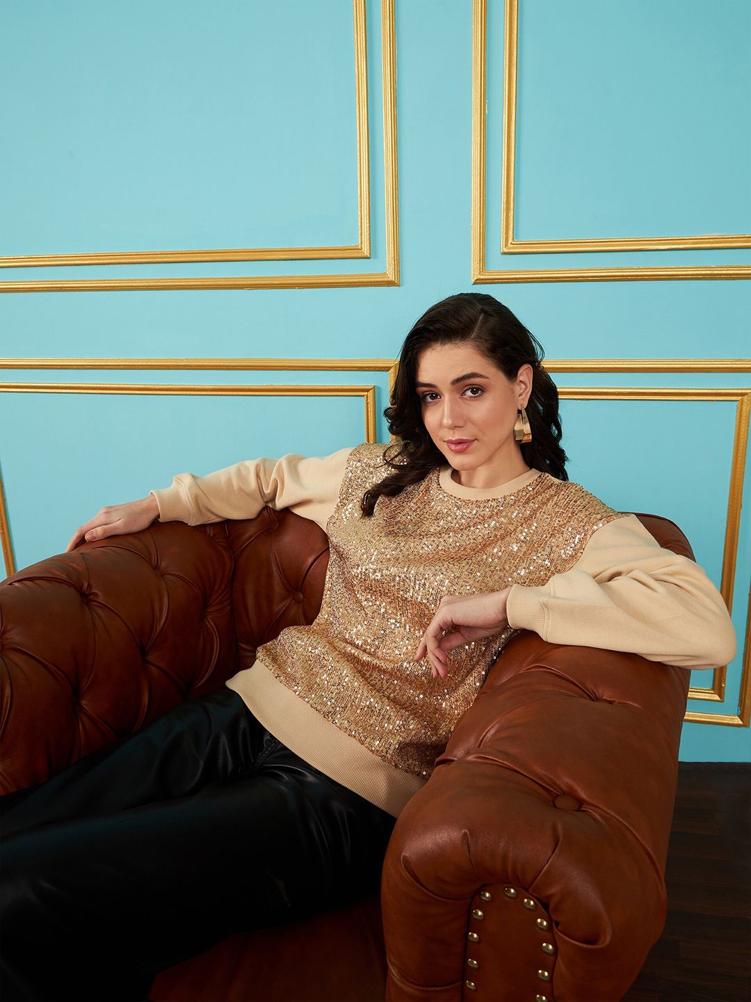 SASSAFRAS Self Design Sequined Oversized Sweatshirt