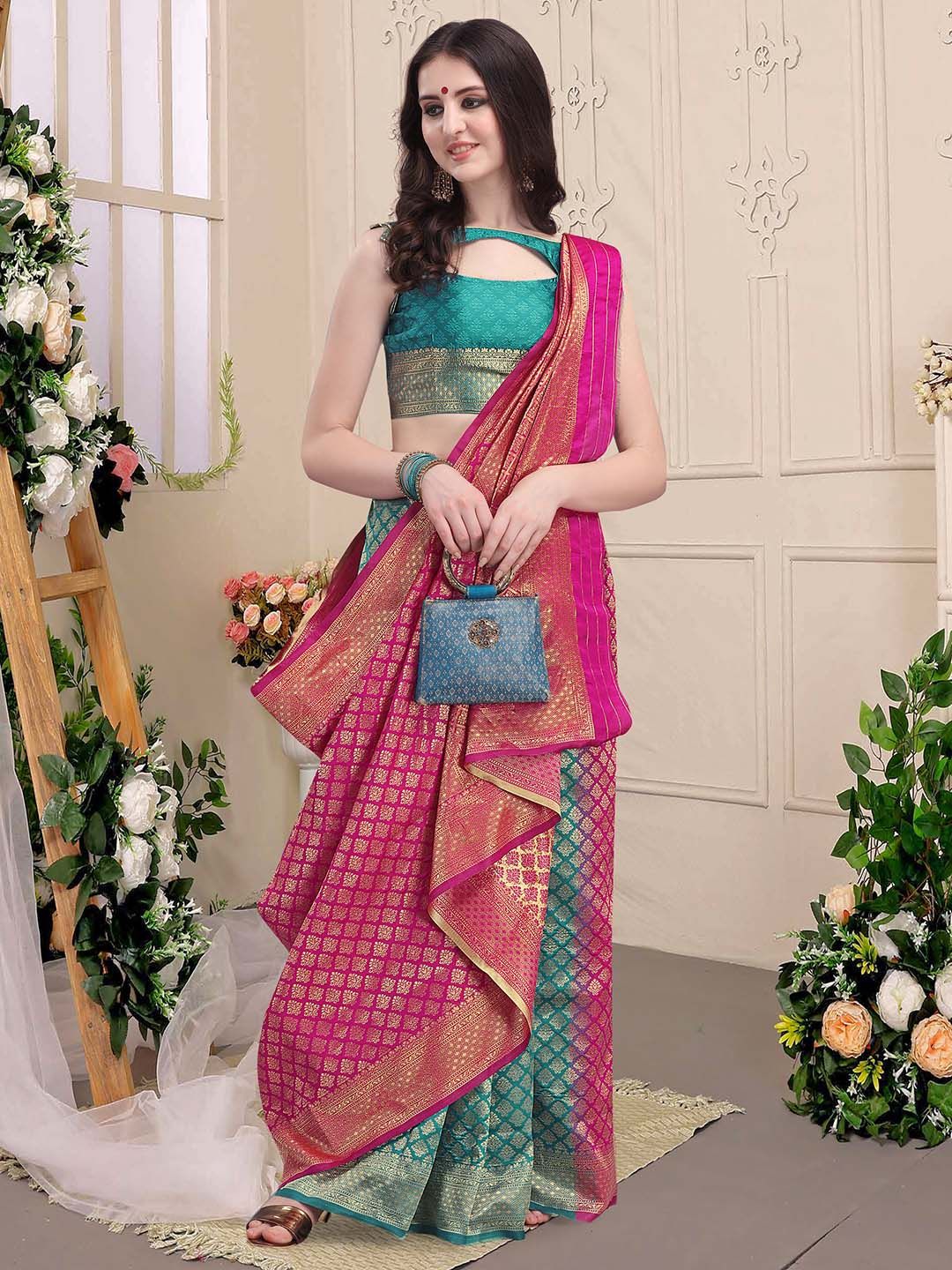 KALINI Green & Pink Ethnic Motifs Zari Silk Blend Half and Half Kanjeevaram Saree