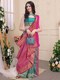 KALINI Green & Pink Ethnic Motifs Zari Silk Blend Half and Half Kanjeevaram Saree