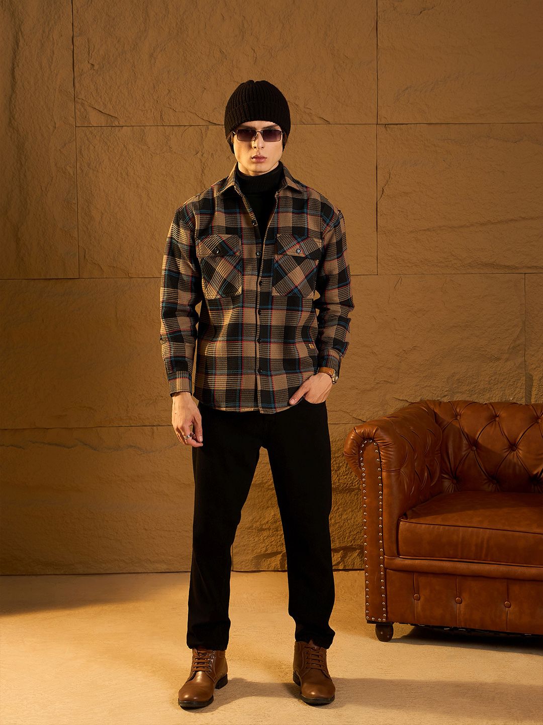 DENNISON Men Double Pocket Drop Shoulder Oversized Cotton Checked Shacket