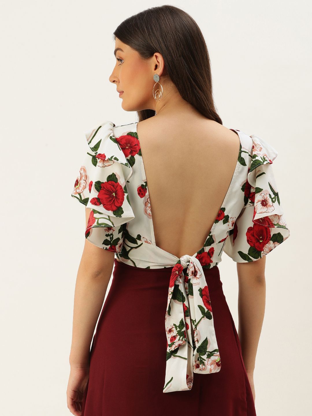 Berrylush White & Red Floral Printed Flutter Sleeves Styled Back Crop Top