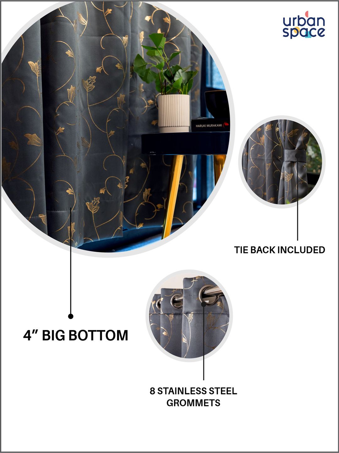 URBAN SPACE Grey & Gold Toned Floral Printed Black Out Long Door Curtain