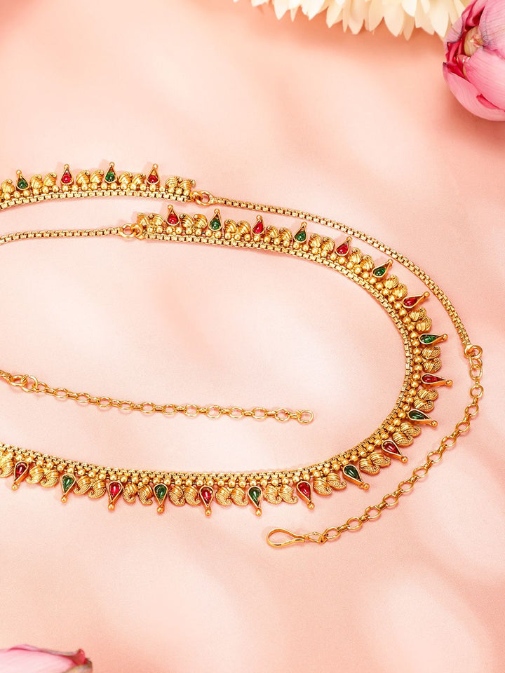 Rubans 22K Gold-Plated Ruby & Emerald Stones Studded Traditional Waist Chain Kamarbandh