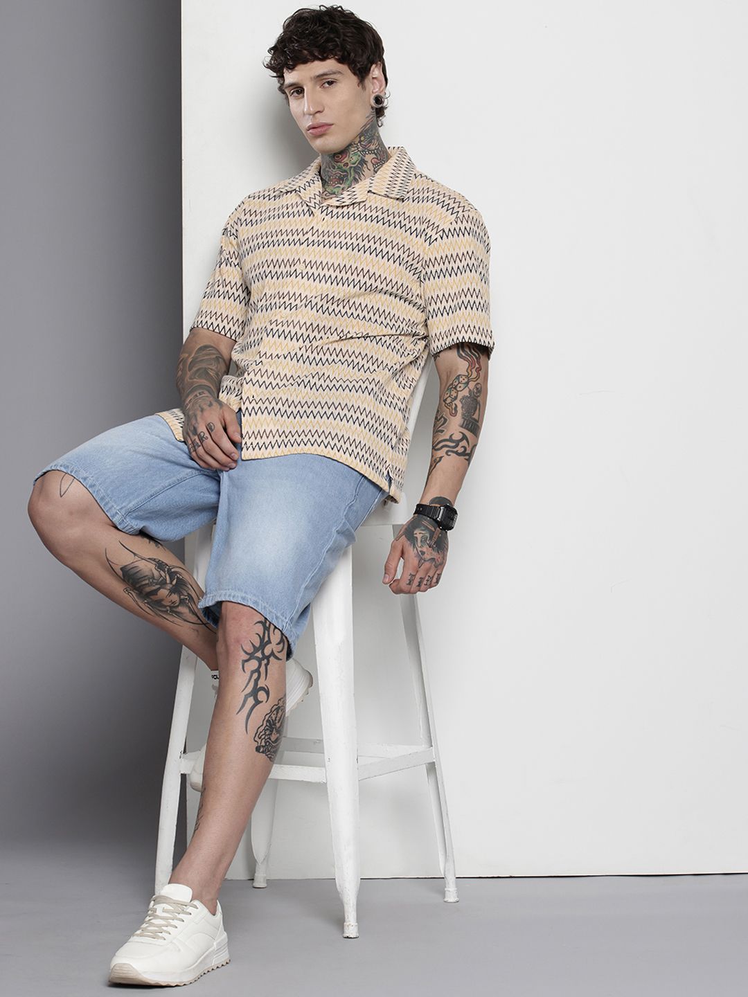The Indian Garage Co Men Relaxed Fit Textured Lace Crochet Resort Wear Shirt