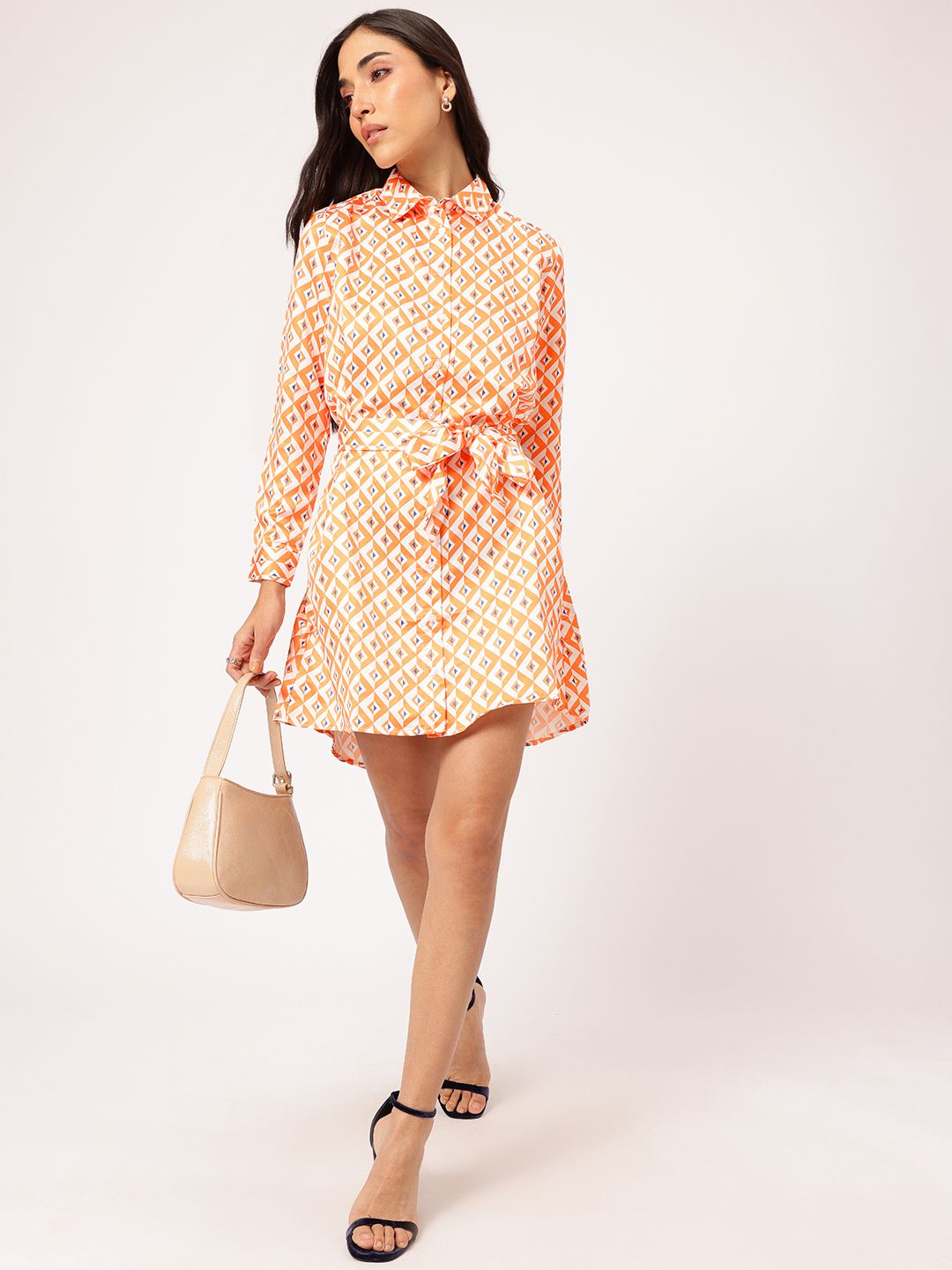 DressBerry Classy & Cool Geometric Printed Belted Mini Shirt Dress