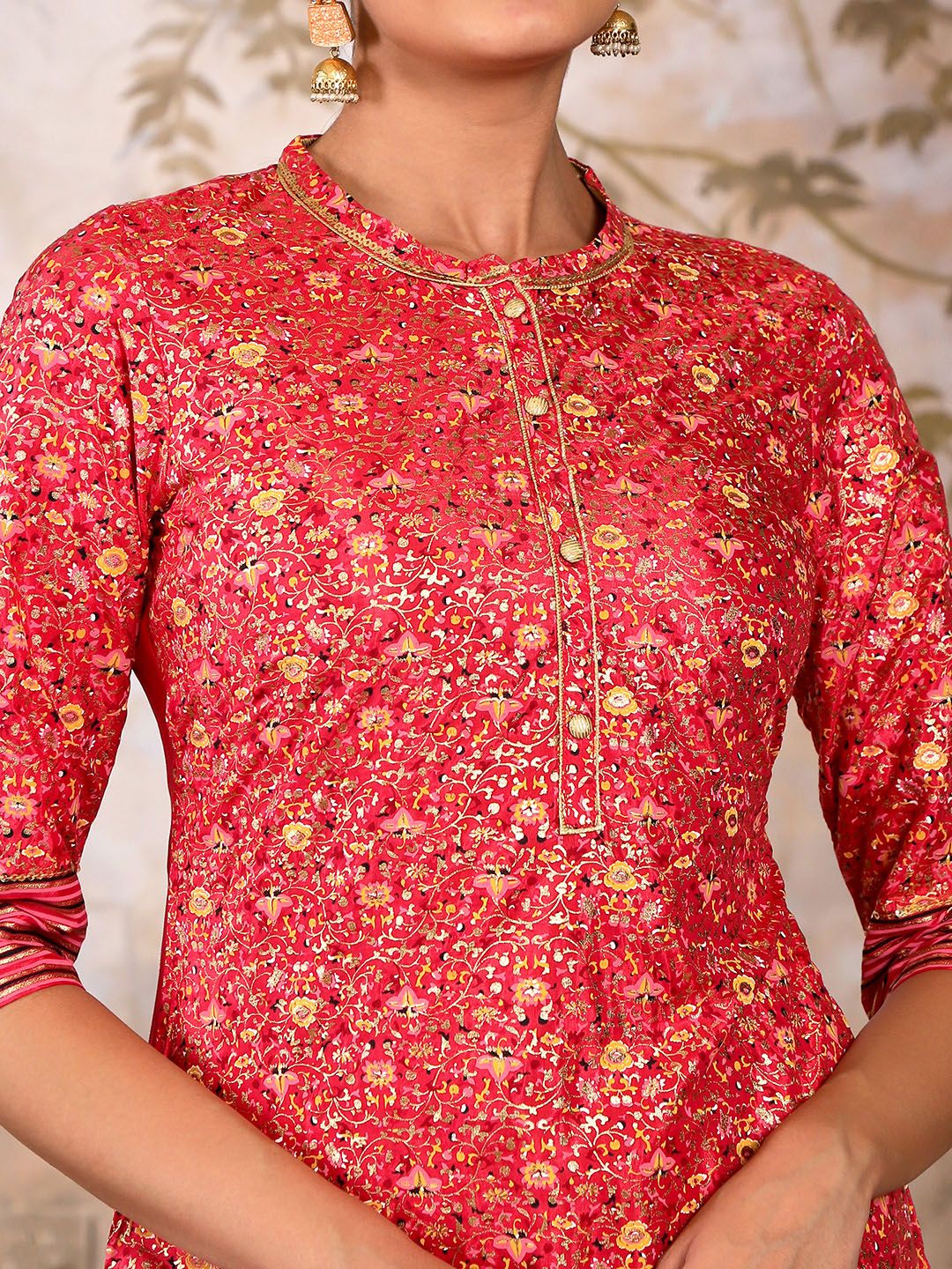 AURELIA Foil Floral Printed Sequined Mandarin Collar Straight Kurta
