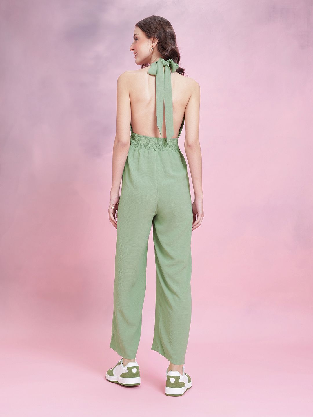 DressBerry Smocked Detail Halter Neck Backless Jumpsuit