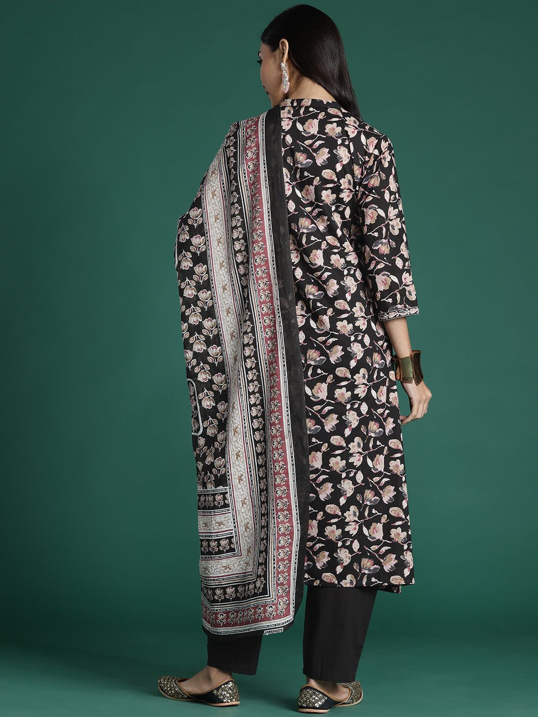 Indo Era Women Floral Printed Angrakha Pure Cotton Kurta with Trousers & With Dupatta