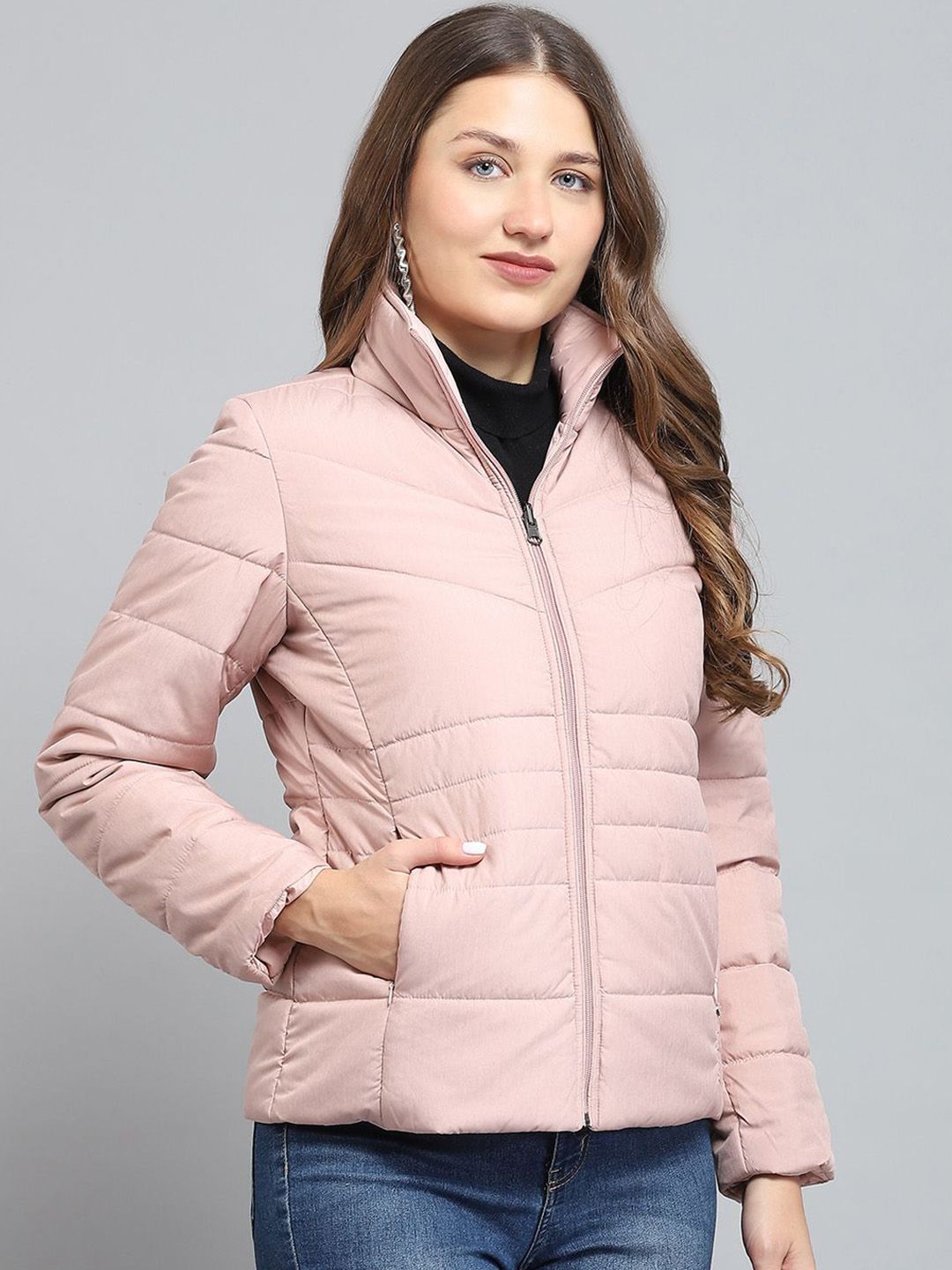 Monte Carlo Women Mock Collar Solid Casual Lightweight Padded Jacket