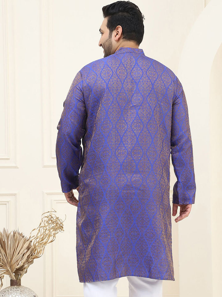 SOJANYA PLUS Men Blue & Golden Jacquard Silk Woven Design Straight Kurta