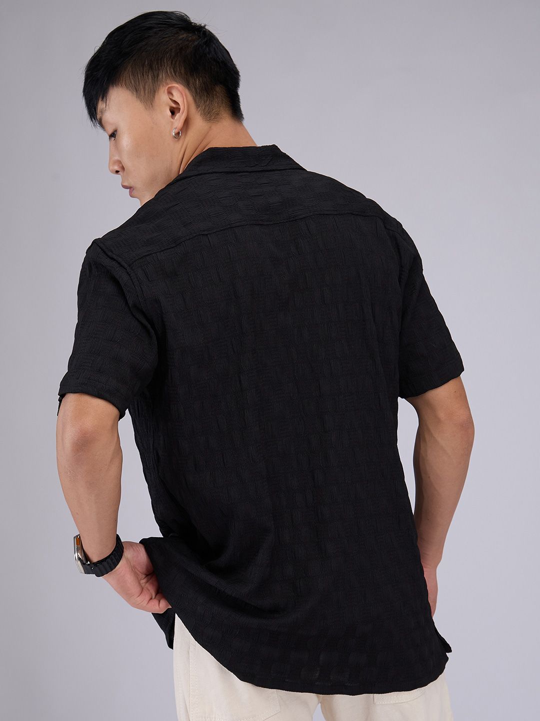 VASTRADO Men Classic Cuban Collar Textured Oversized Casual Shirt