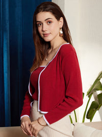 Berrylush Red & White Ribbed Acrylic Crop Front Open Sweater