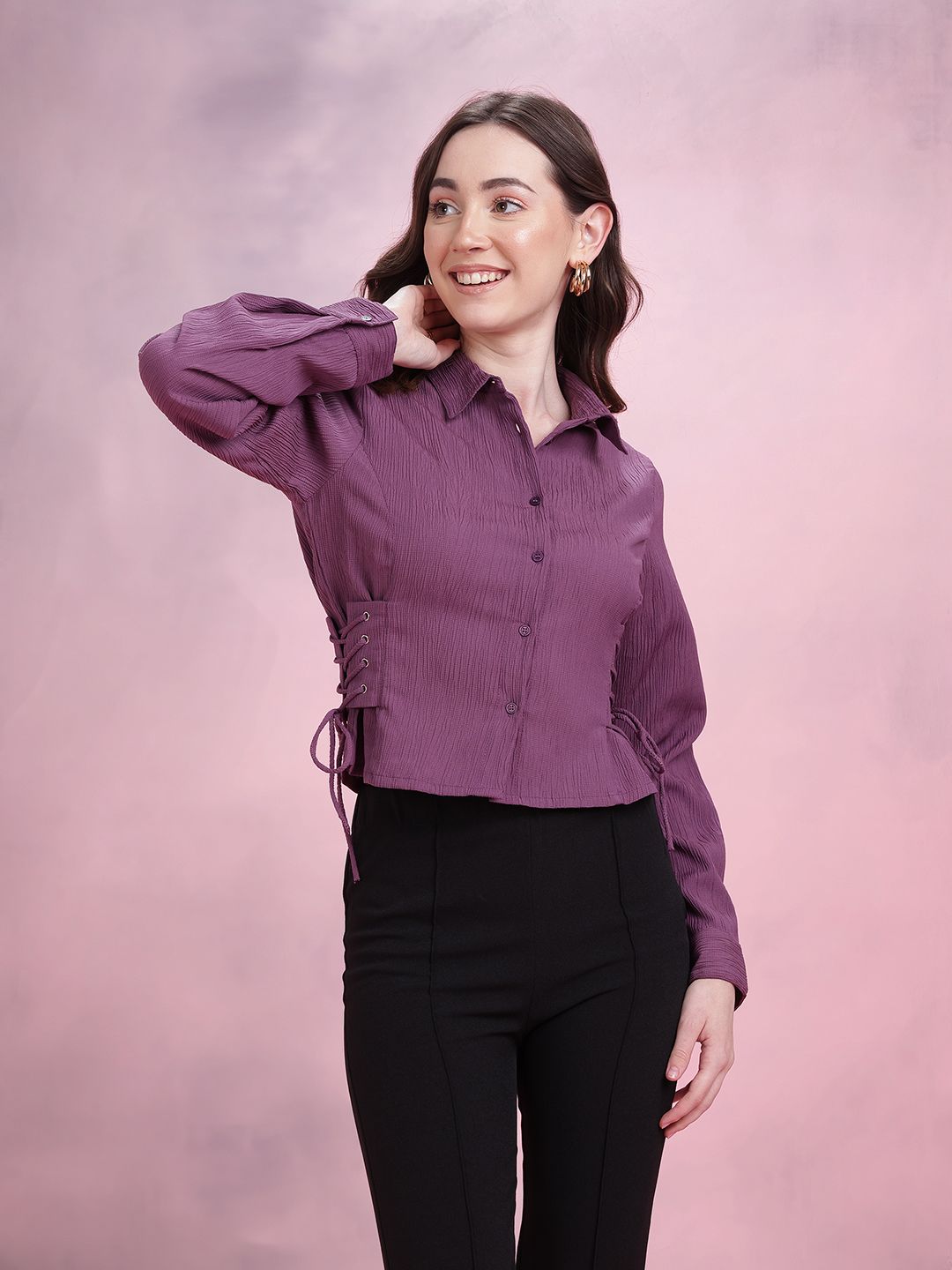 DressBerry Lace-Up Detail Crinkled Casual Shirt