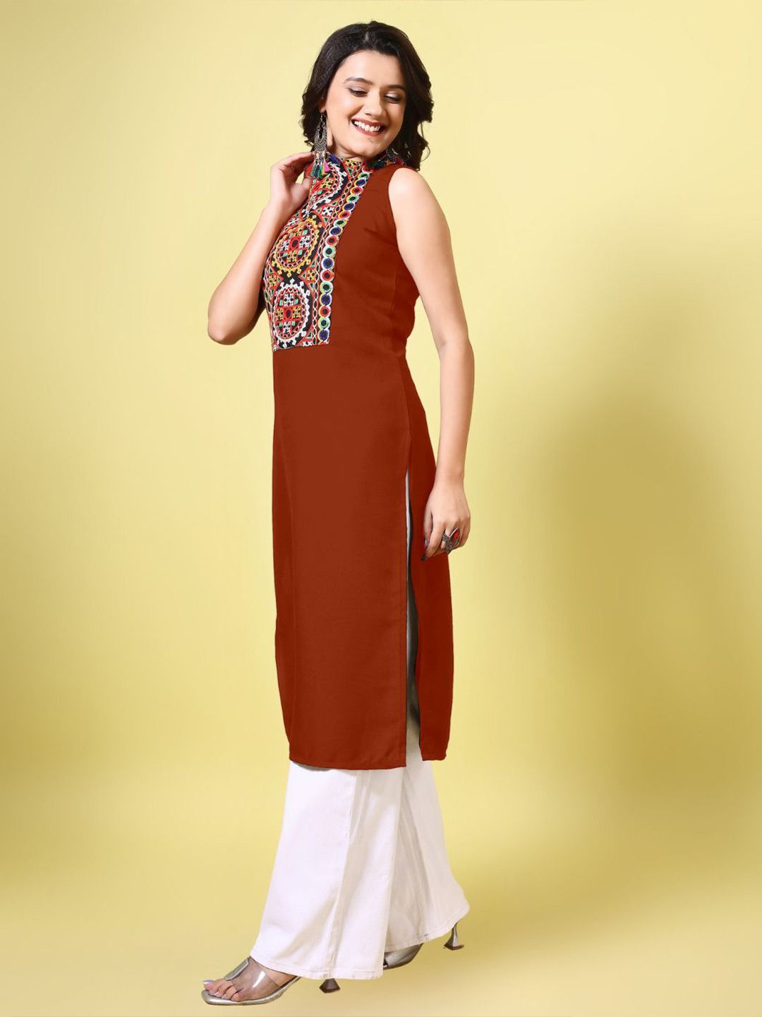 KALINI Women Cotton Blend Embroidered High Neck Straight Kurta