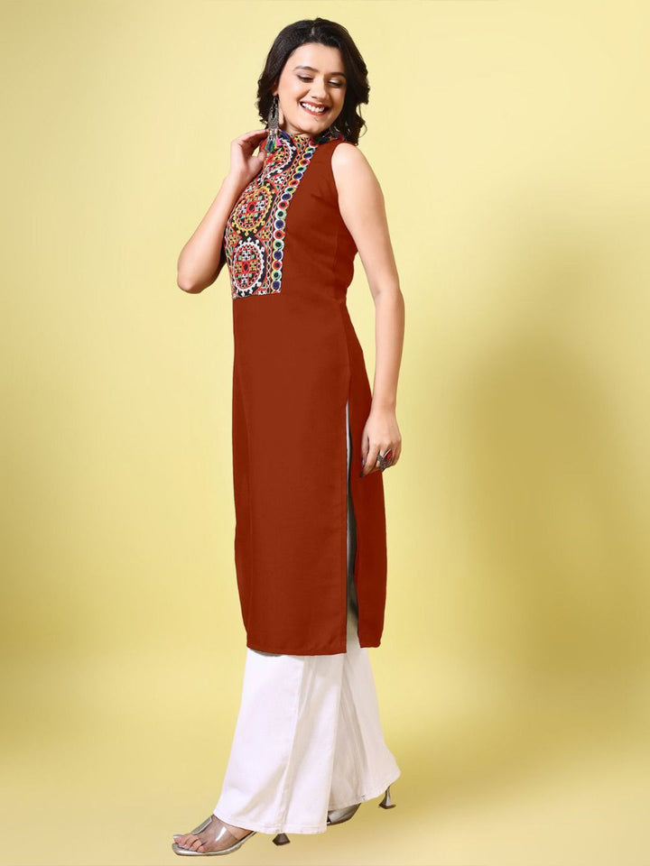 KALINI Women Cotton Blend Embroidered High Neck Straight Kurta
