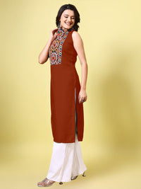KALINI Women Cotton Blend Embroidered High Neck Straight Kurta