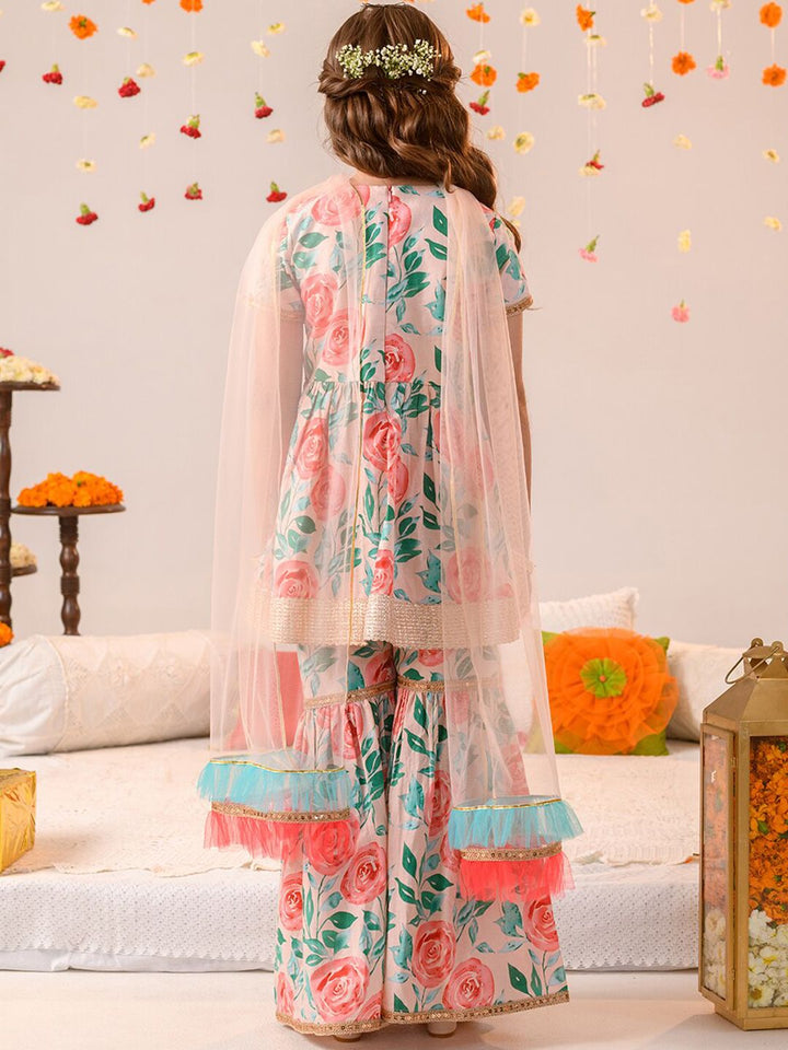 pspeaches Girls Floral Printed Pure Cotton Kurta With Sharara &  Dupatta