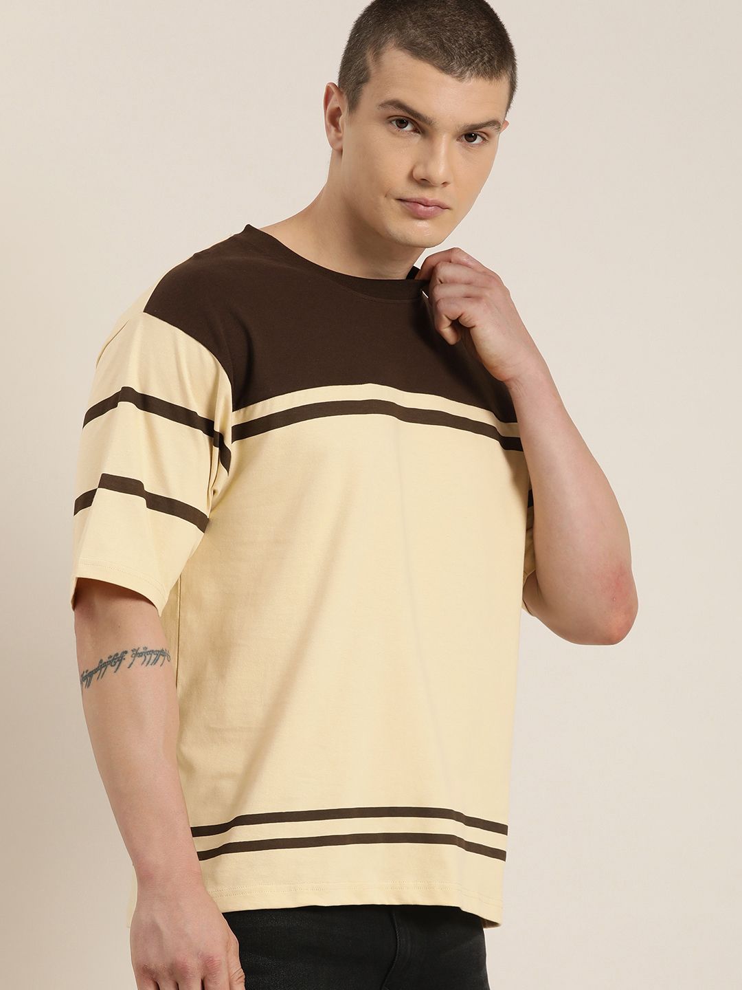 DILLINGER Men Striped Colourblocked Drop-Shoulder Sleeves Oversized Pure Cotton T-shirt