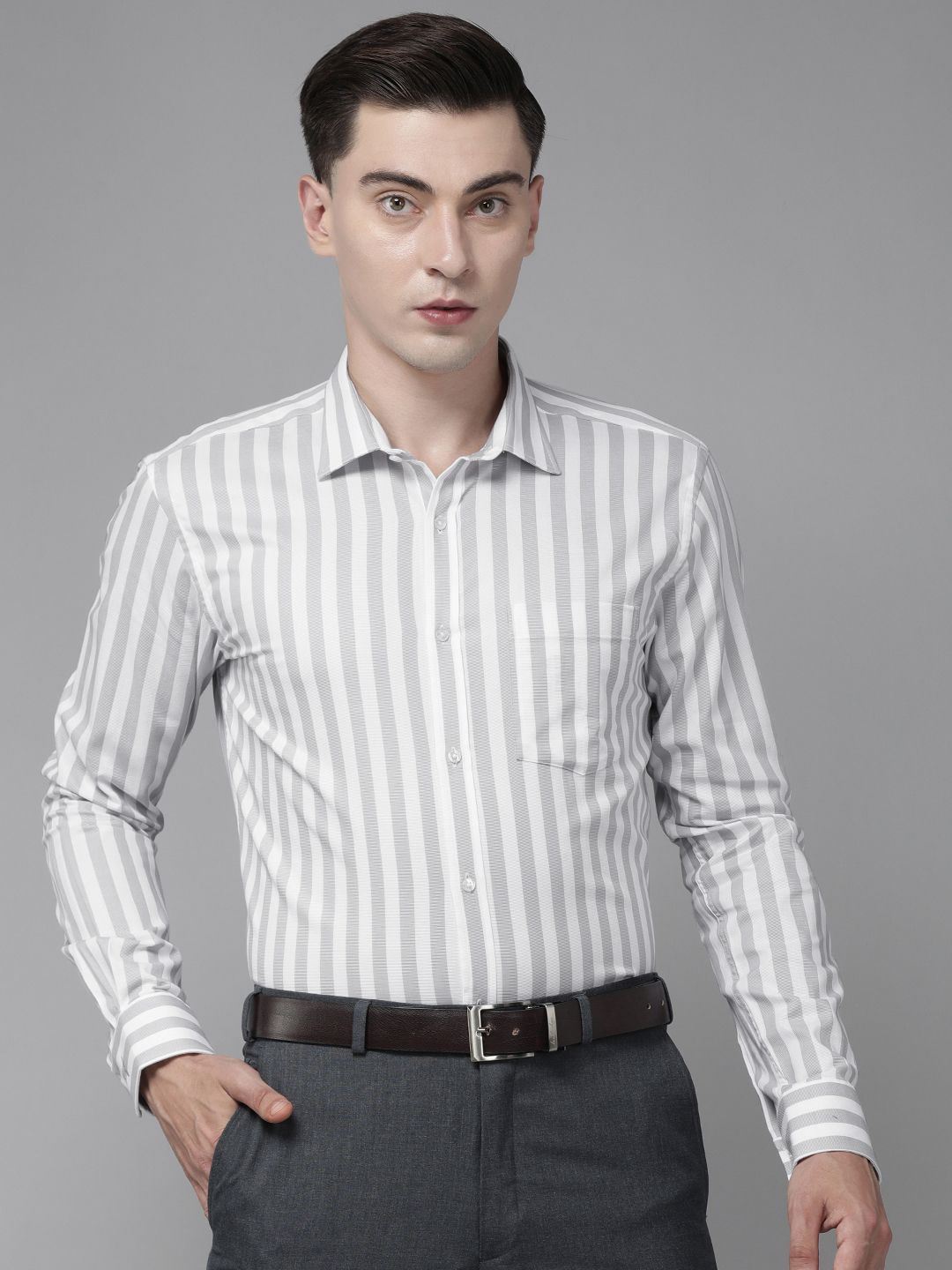 Park Avenue Men Grey & White Slim Fit Striped Pure Cotton Formal Shirt