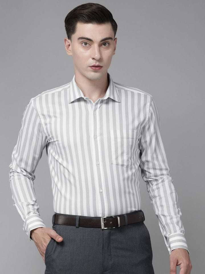 Park Avenue Men Grey & White Slim Fit Striped Pure Cotton Formal Shirt