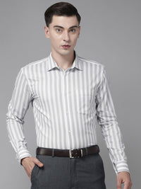 Park Avenue Men Grey & White Slim Fit Striped Pure Cotton Formal Shirt