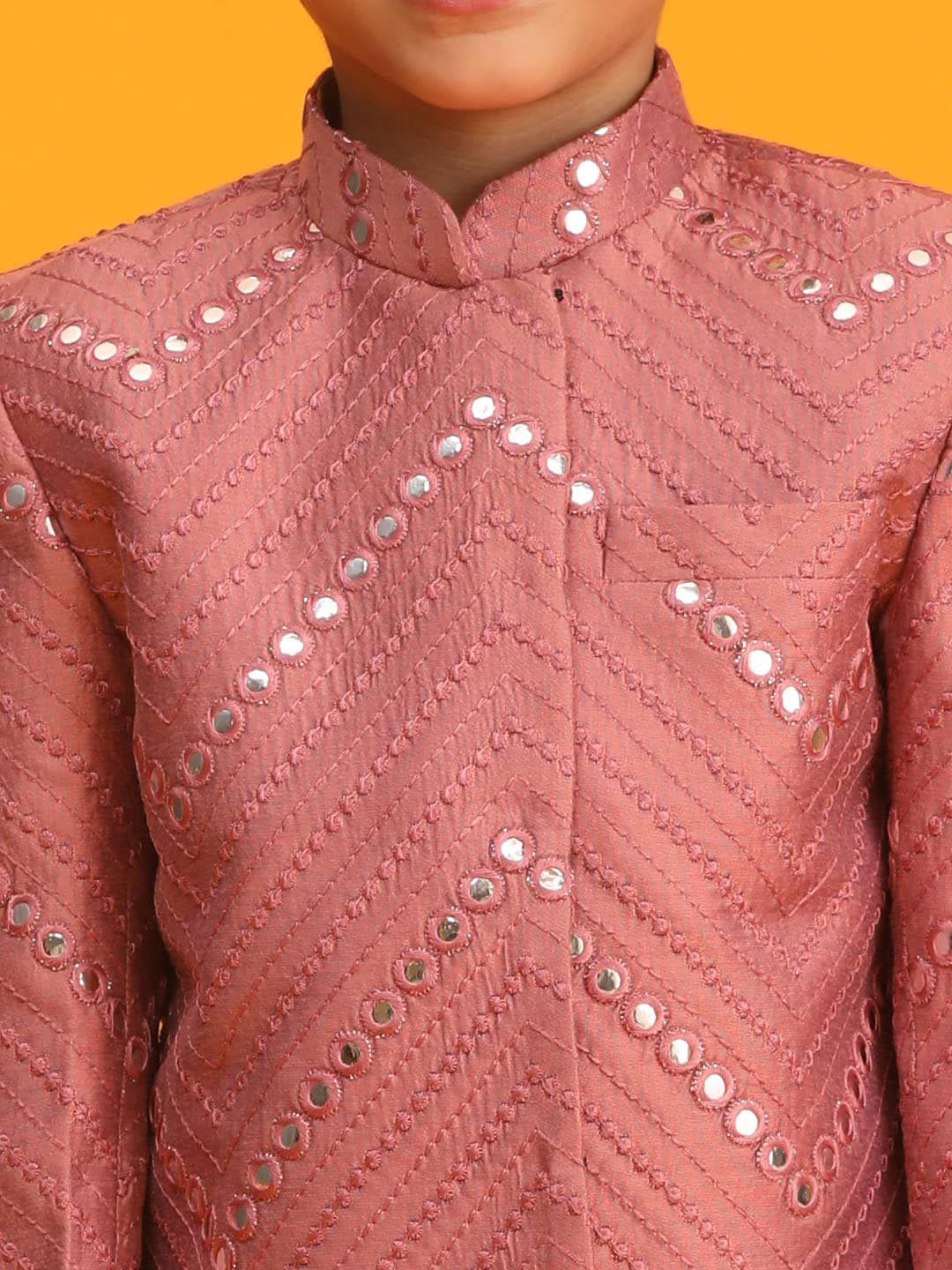 VASTRAMAY Boys Mirror Work Embroidered Slim-Fit Bandhgala Ethnic Blazer