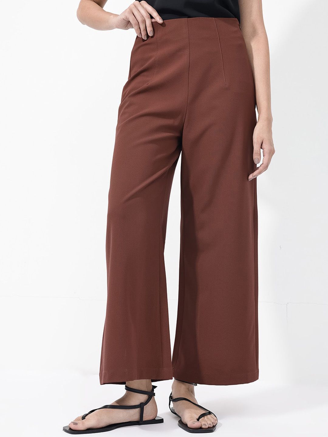 RAREISM Women Flared High-Rise Parallel Cotton Trousers