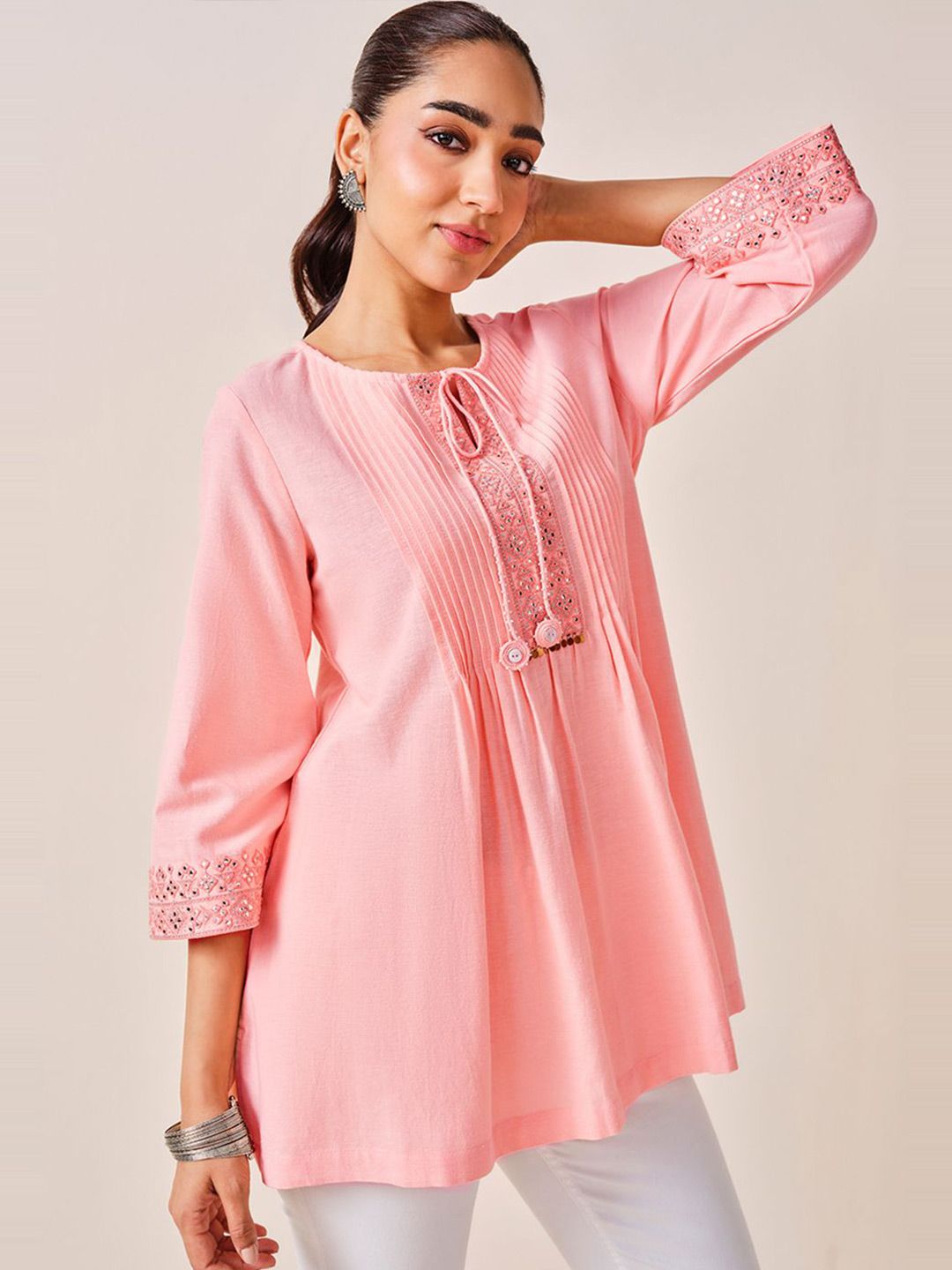 Global Desi Solid Embroidered Tunic