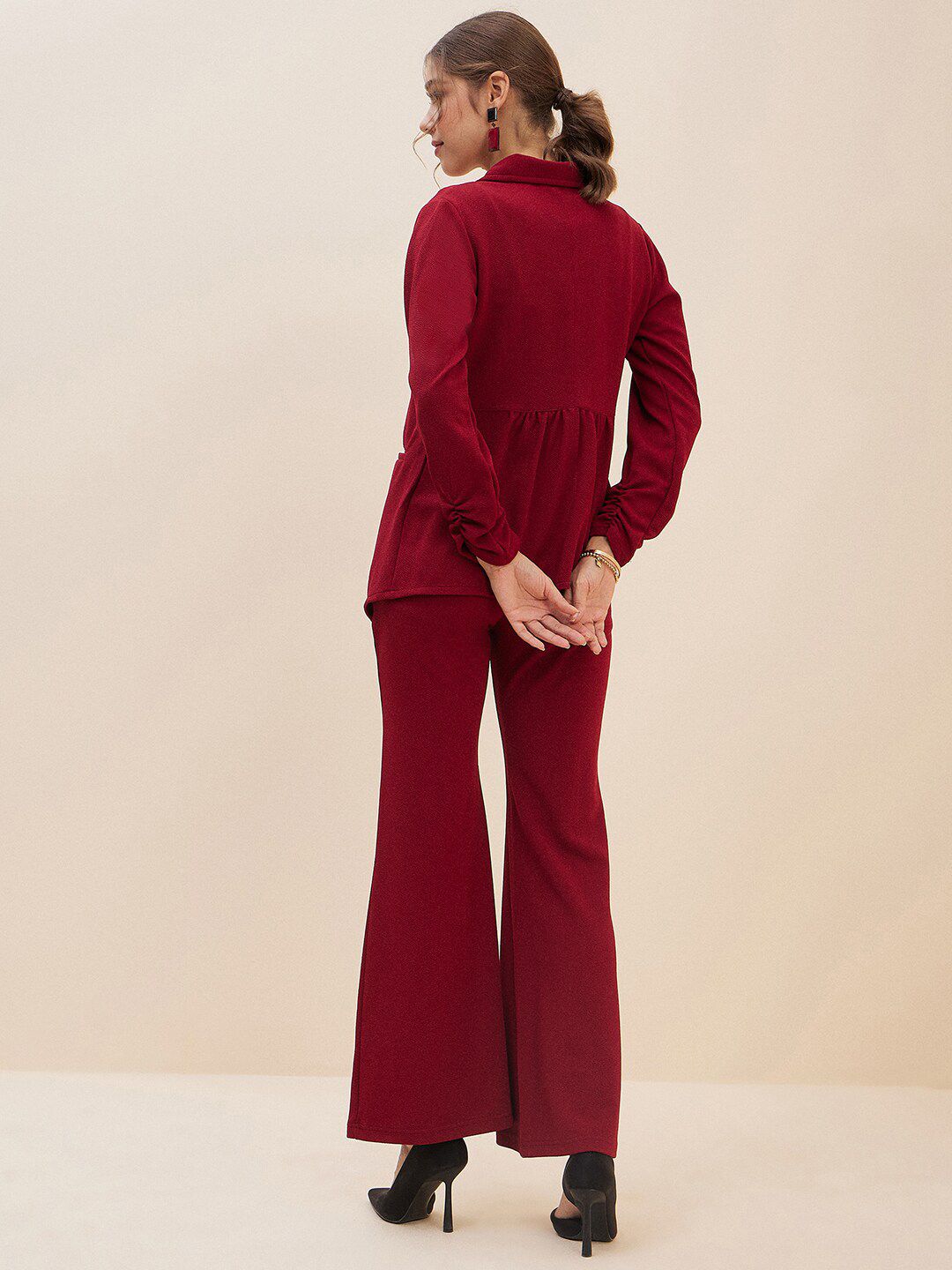 Antheaa Red Lapel-Collar Shirt & Flared Trousers