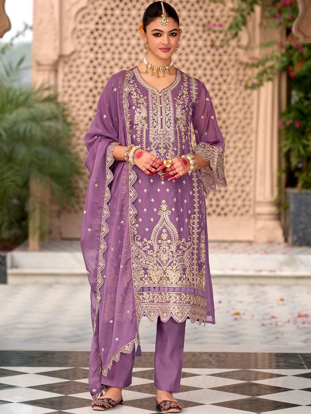 Indo Era Ethnic Motifs Embroidered Zari Organza Kurta With Trousers And Dupatta