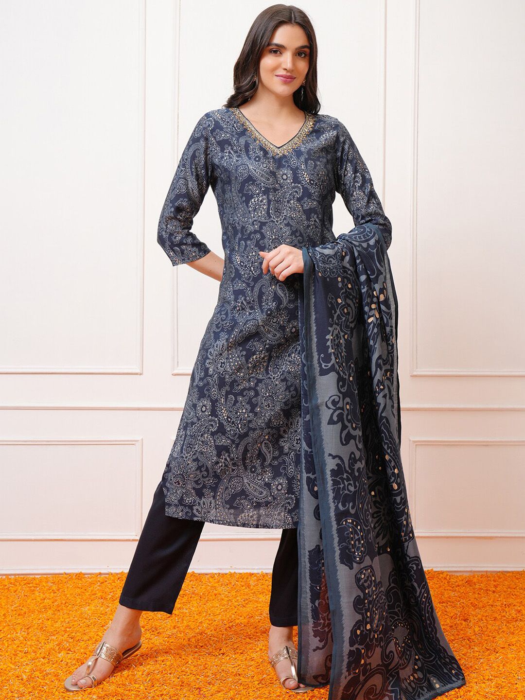 Vishudh Paisley Printed Regular Kurta with Trousers & With Dupatta