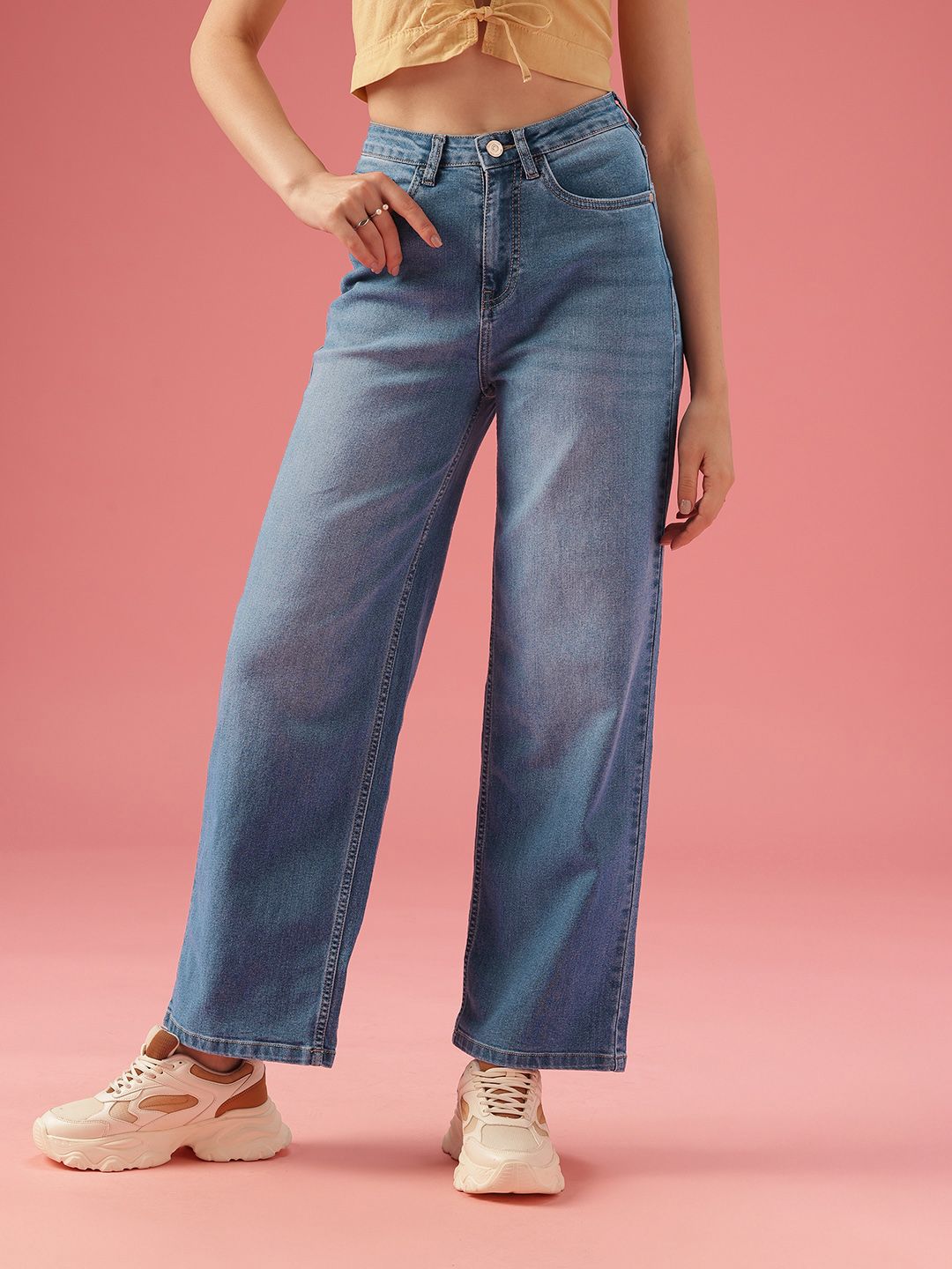 DressBerry Women Wide Leg High-Rise Light Fade Stretchable Jeans