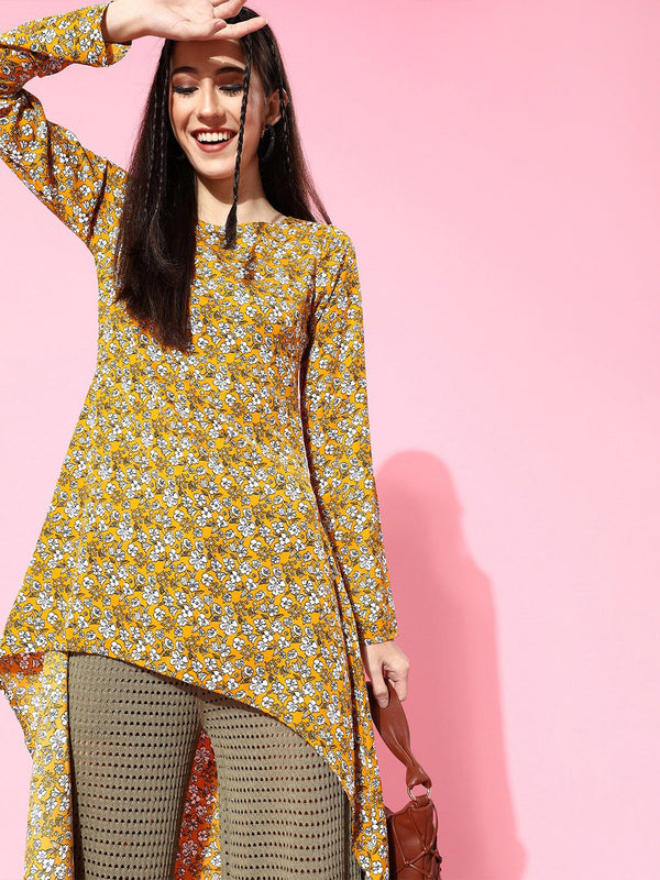 Berrylush Wanita Bergaya Mustard Floral Asymmetrical Top