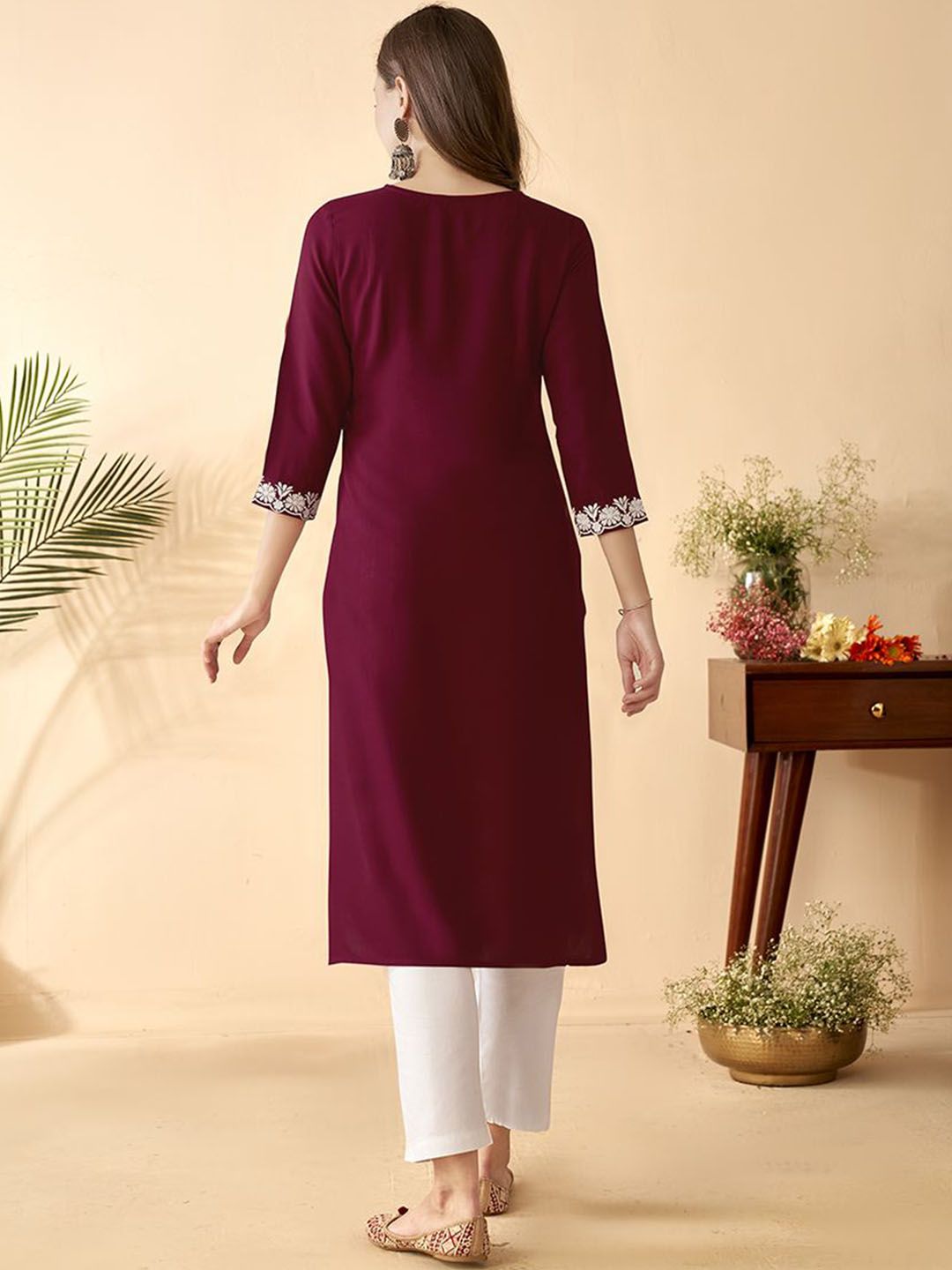 Anouk Maroon Ethnic Motifs Embroidered Round Neck Thread Work Straight Kurta