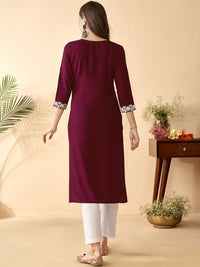 Anouk Maroon Ethnic Motifs Embroidered Round Neck Thread Work Straight Kurta