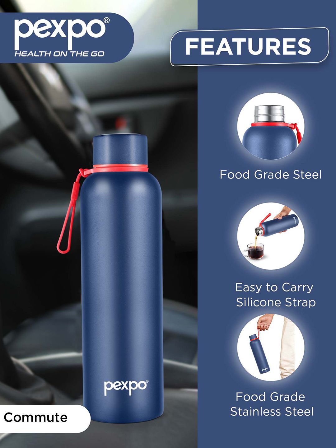 Pexpo Bravo Denim Blue ISI Certified Thermosteel Hot & Cold Flask Water Bottle - 1 L
