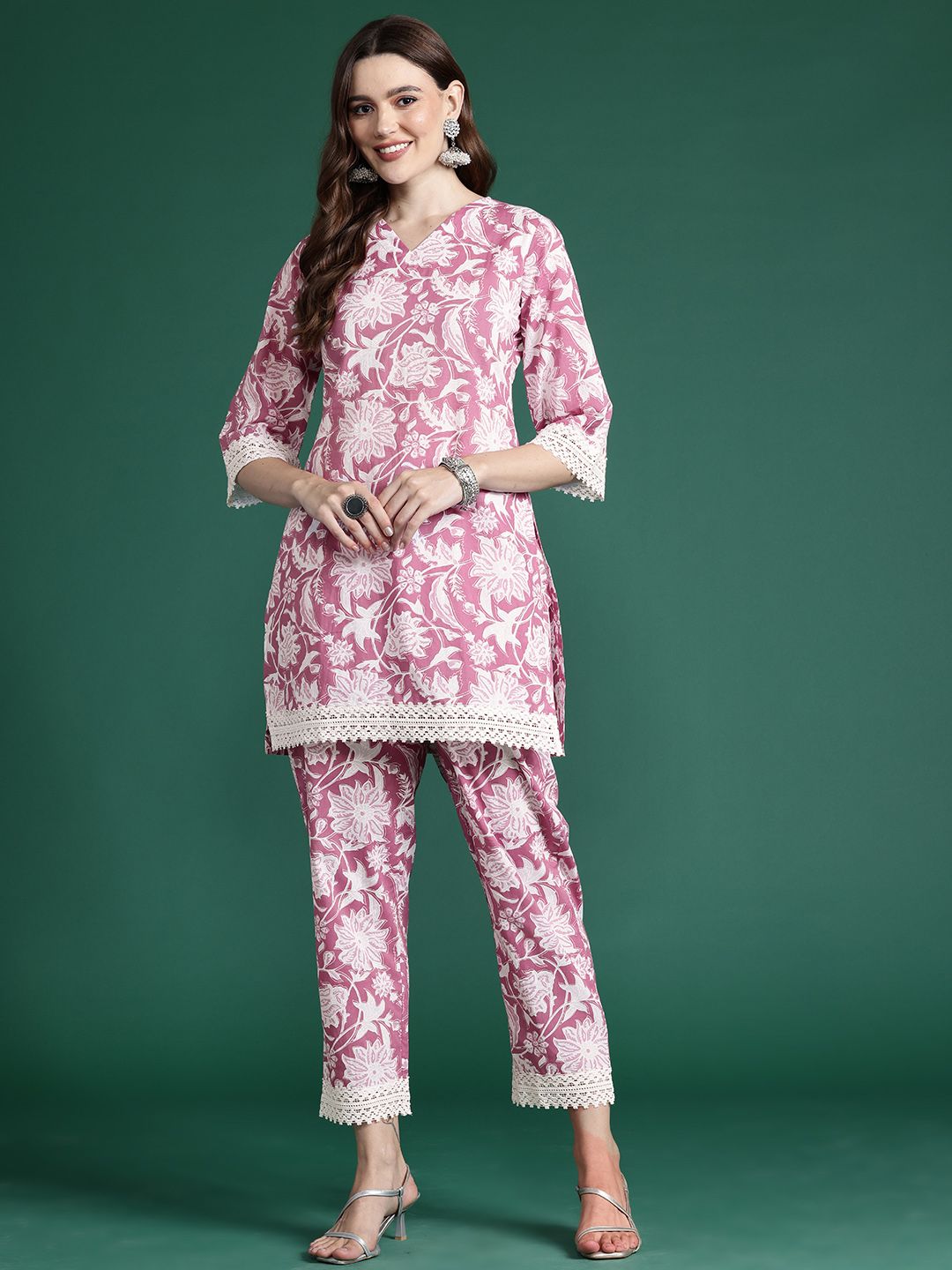 Indo Era Floral Printed Pure Cotton Tunic With Trousers
