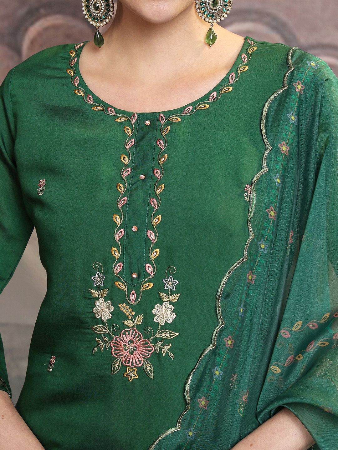 Vishudh Green Floral Embroidered Thread Work Straight Kurta With Trousers & Dupatta