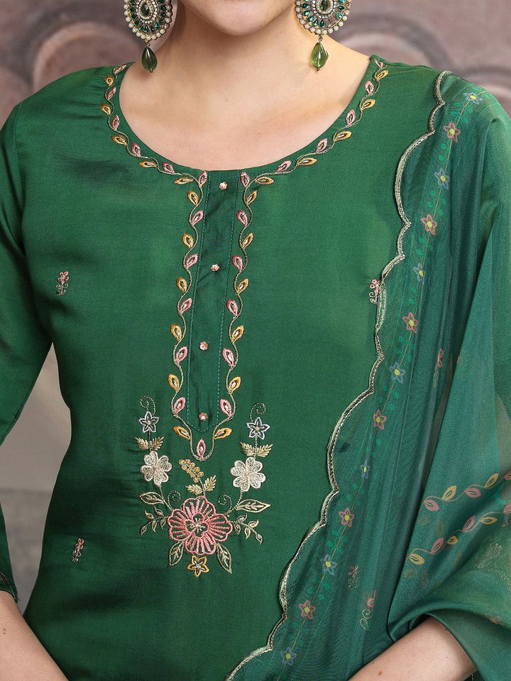 Vishudh Green Floral Embroidered Thread Work Straight Kurta With Trousers & Dupatta