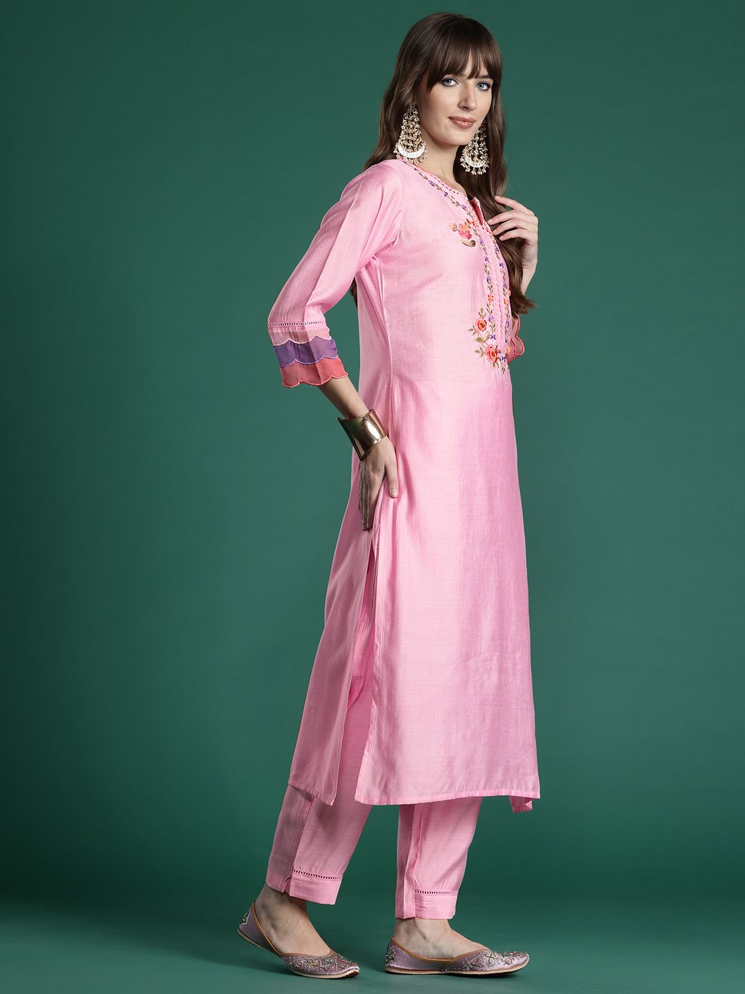Indo Era Floral Embroidered Thread Work Kurta with Trousers & With Dupatta