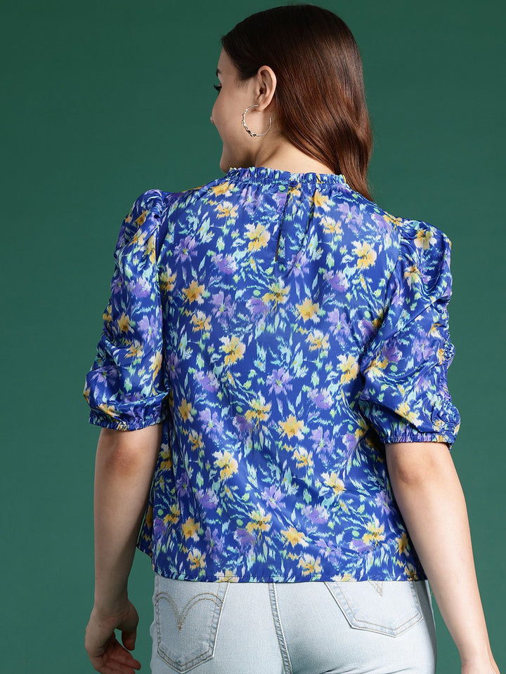 DressBerry Floral Print Puff Sleeve Ruffles Top