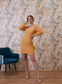 Athena Yellow Self Design Textured Sweatheart Neck Bodycon Dress